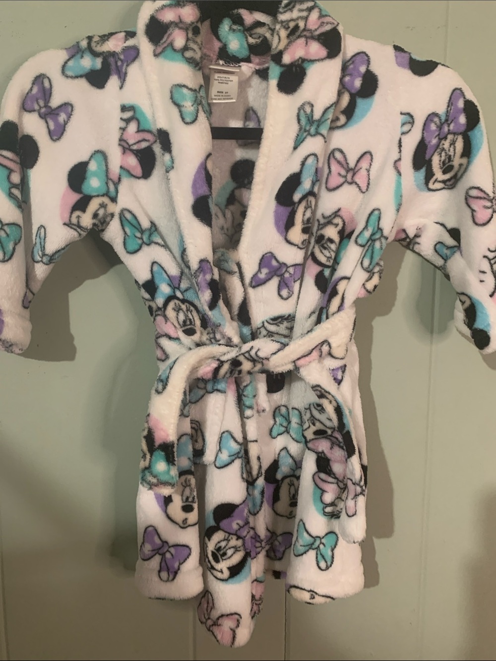 Disney Minnie Mouse Plush Hooded Robe - White with Pink, Purple & Aqua Bows